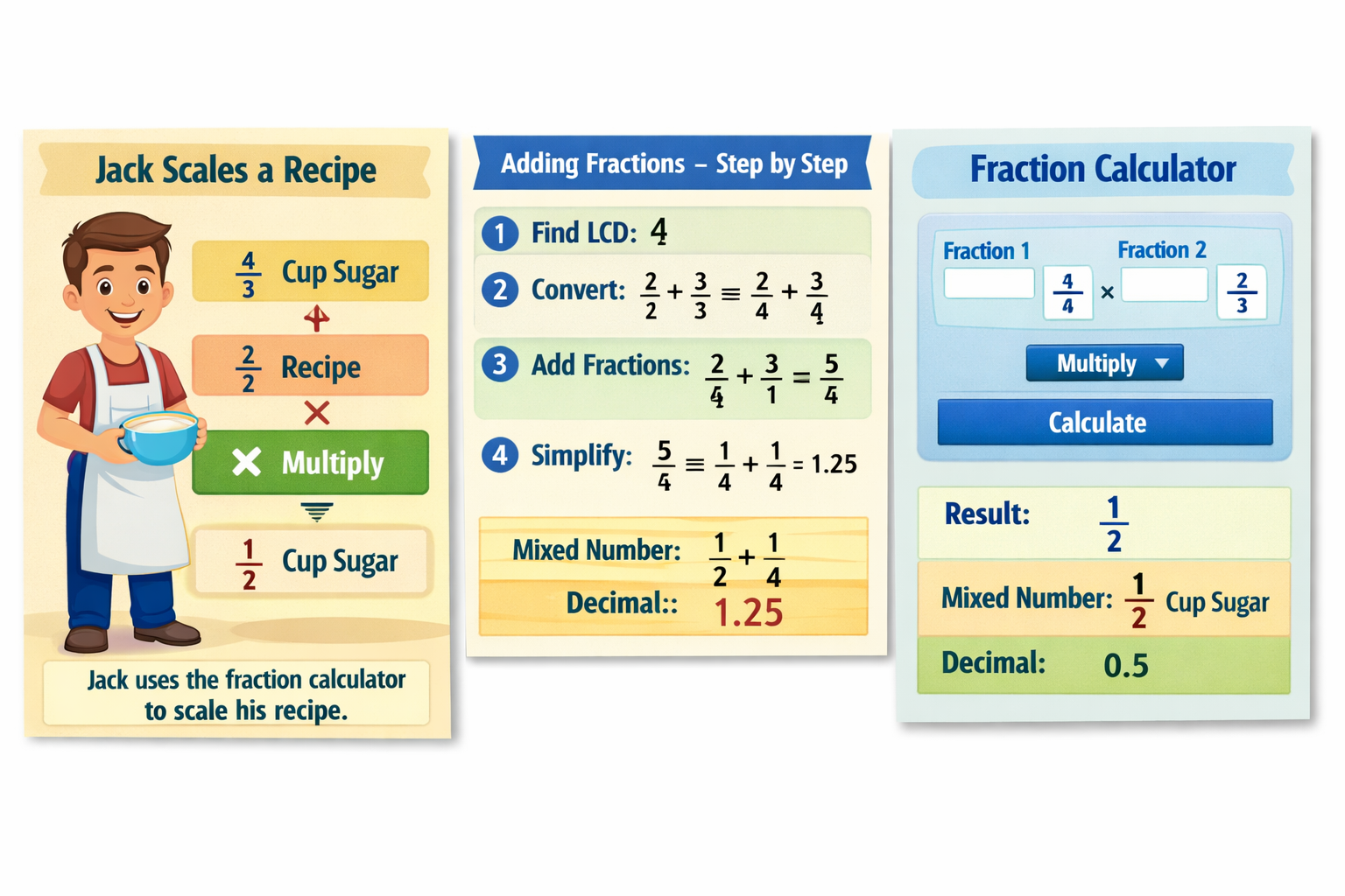 Fraction calculator infographic: Jack scales a recipe using 3/4 × 2/3 = 1/2, adding fractions step by step (find LCD, convert, add, simplify), and fraction calculator result showing 1/2 cup sugar