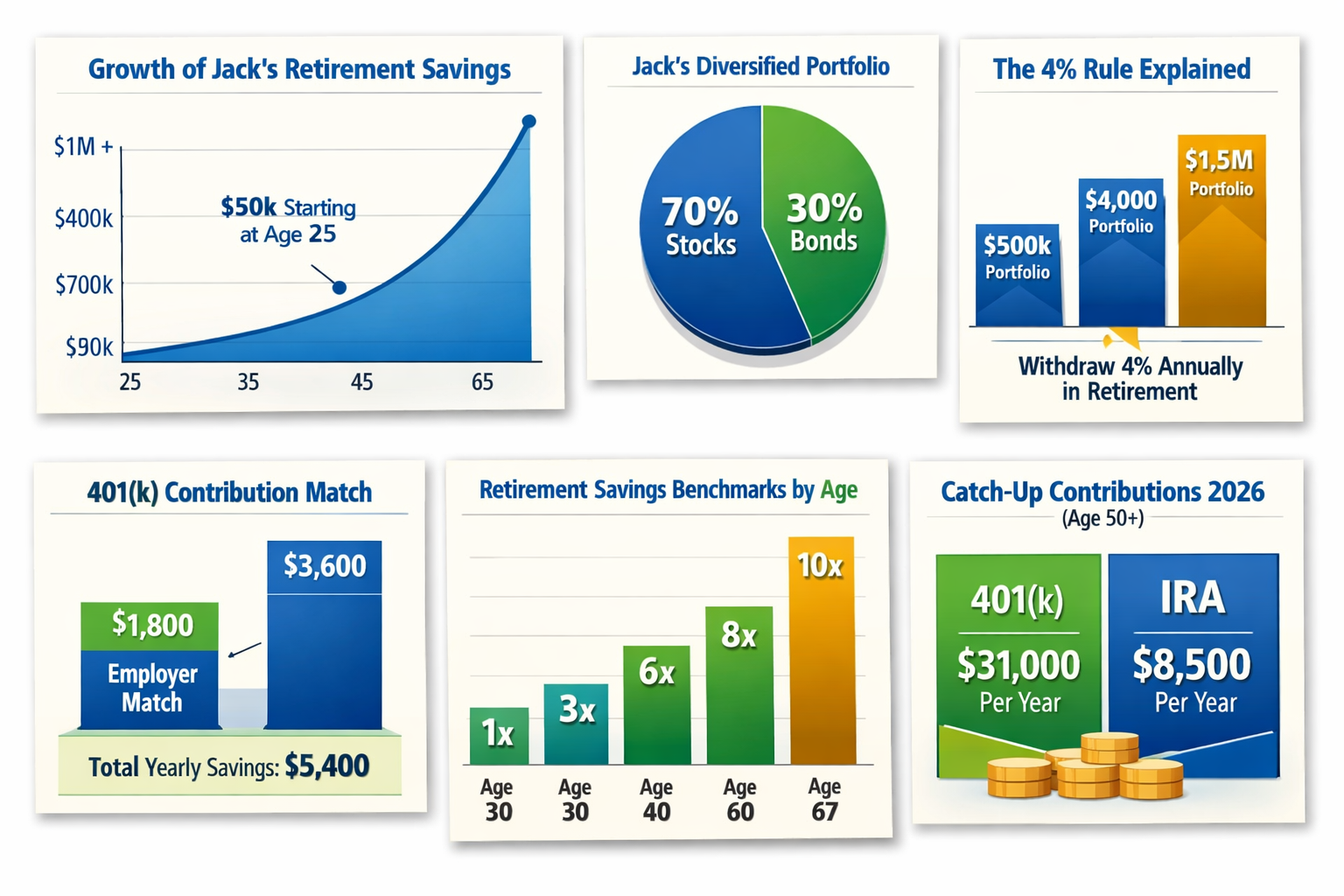 Retirement planning infographic showing Jack's savings growth, portfolio diversification, 4% rule, 401(k) employer match, savings benchmarks by age, and catch-up contributions 2026